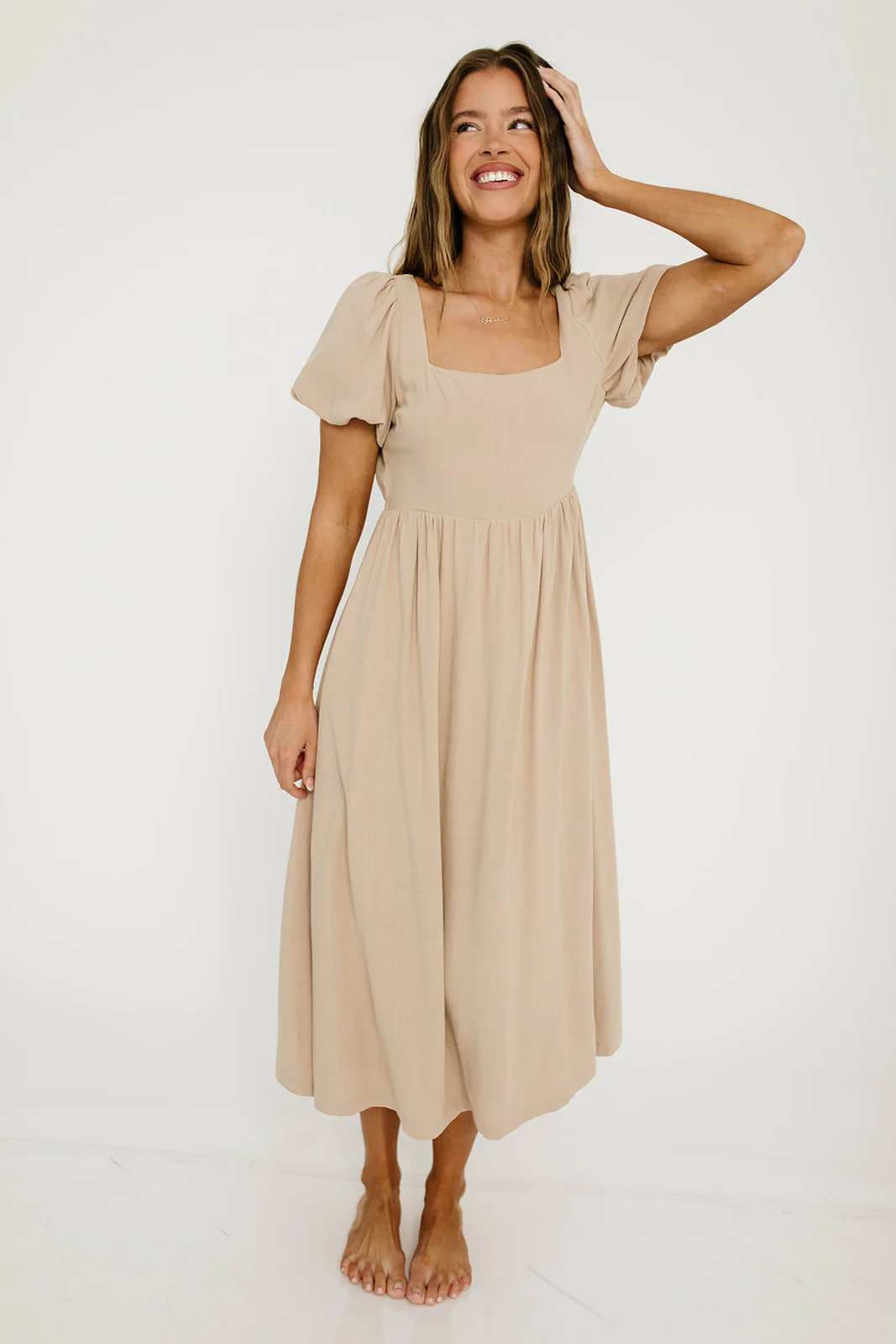 Ainsley Square Neck Midi Dress with Puffed Sleeves in Oat - Bump Friendly - Image 12