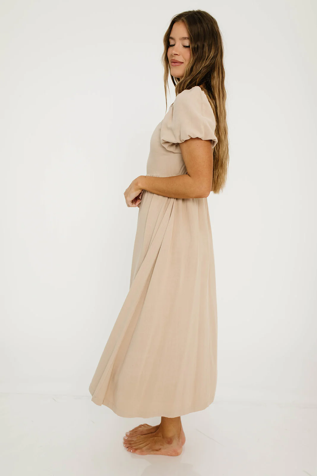 Ainsley Square Neck Midi Dress with Puffed Sleeves in Oat - Bump Friendly - Image 13
