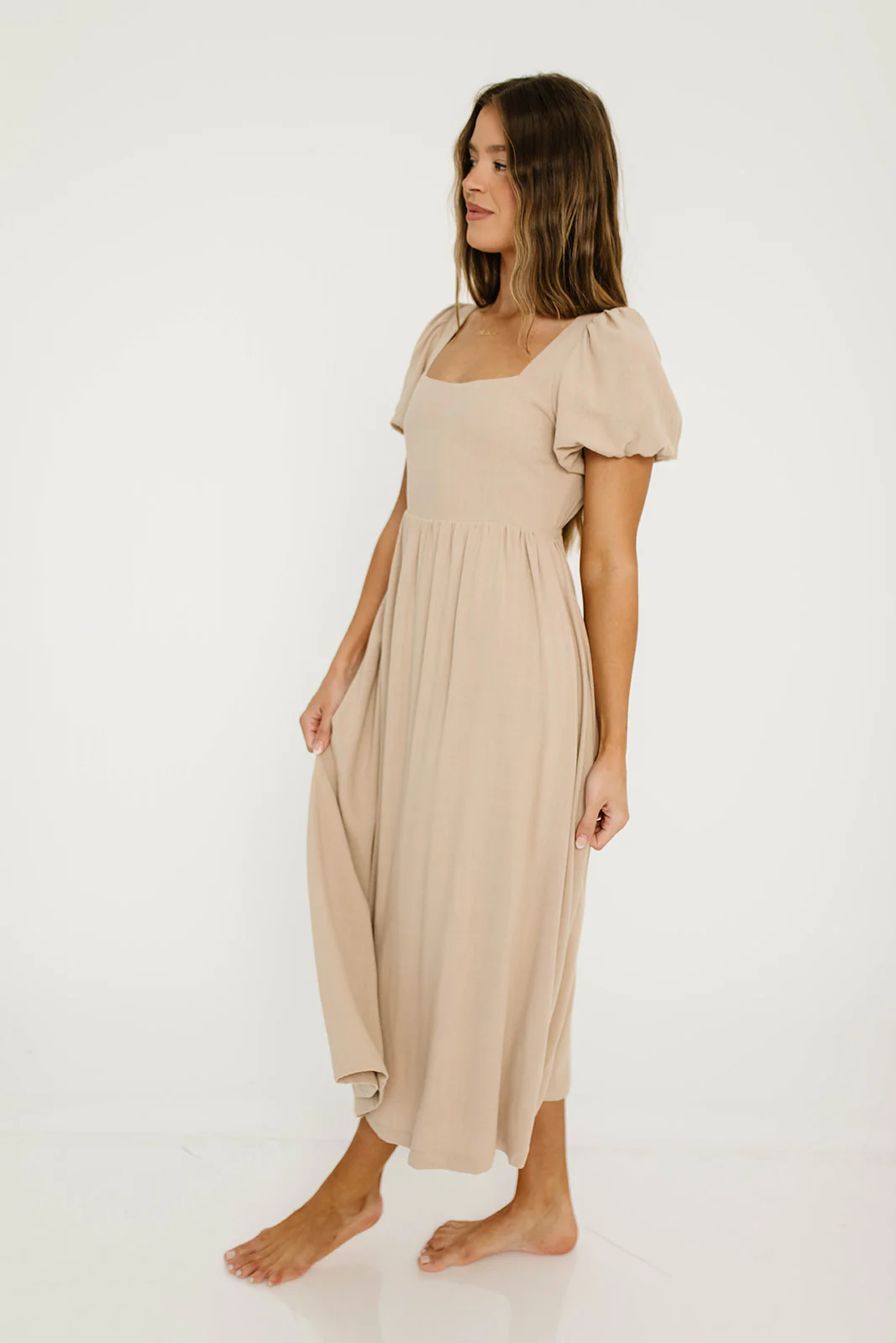 Ainsley Square Neck Midi Dress with Puffed Sleeves in Oat - Bump Friendly - Image 14