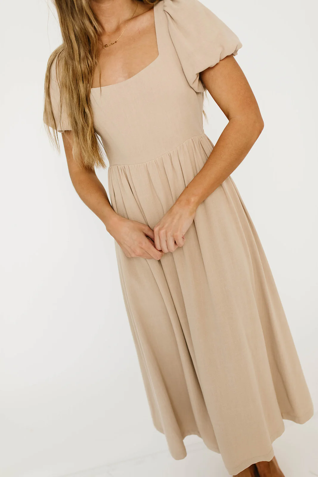 Ainsley Square Neck Midi Dress with Puffed Sleeves in Oat - Bump Friendly - Image 15
