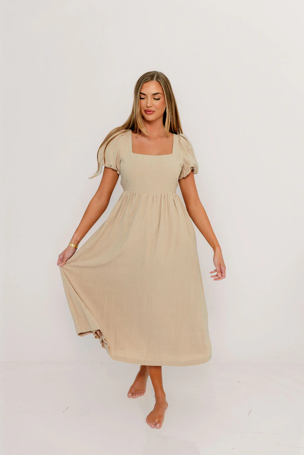 Ainsley Square Neck Midi Dress with Puffed Sleeves in Oat - Bump Friendly - Image 3