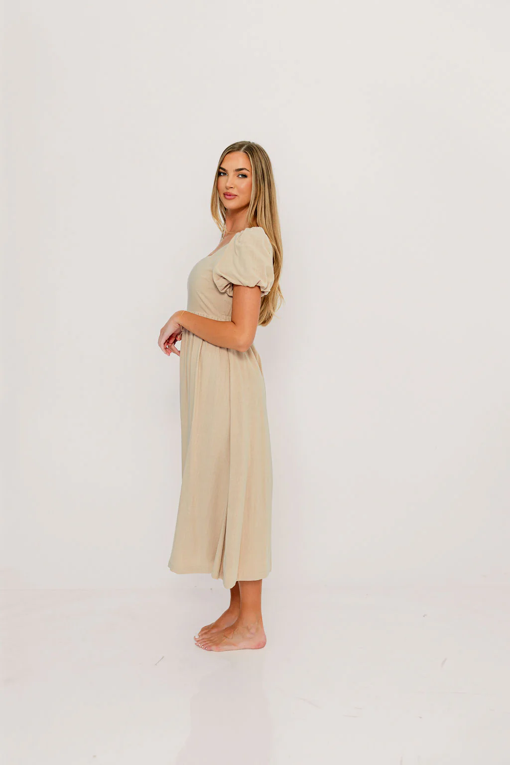 Ainsley Square Neck Midi Dress with Puffed Sleeves in Oat - Bump Friendly - Image 4