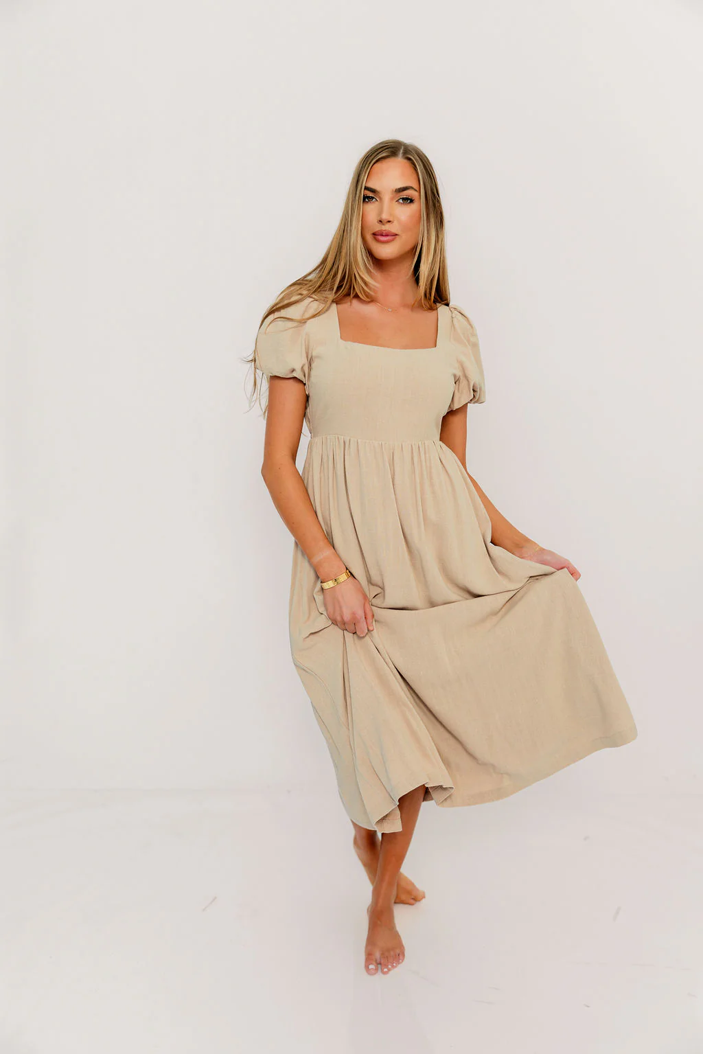Ainsley Square Neck Midi Dress with Puffed Sleeves in Oat - Bump Friendly - Image 5