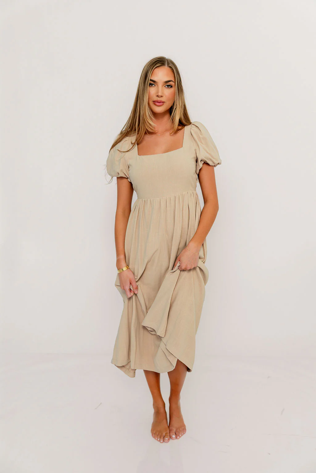 Ainsley Square Neck Midi Dress with Puffed Sleeves in Oat - Bump Friendly - Image 6