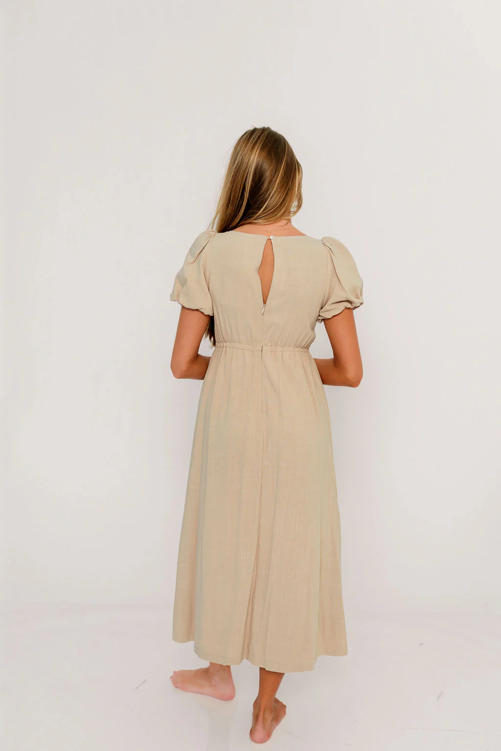 Ainsley Square Neck Midi Dress with Puffed Sleeves in Oat - Bump Friendly - Image 7