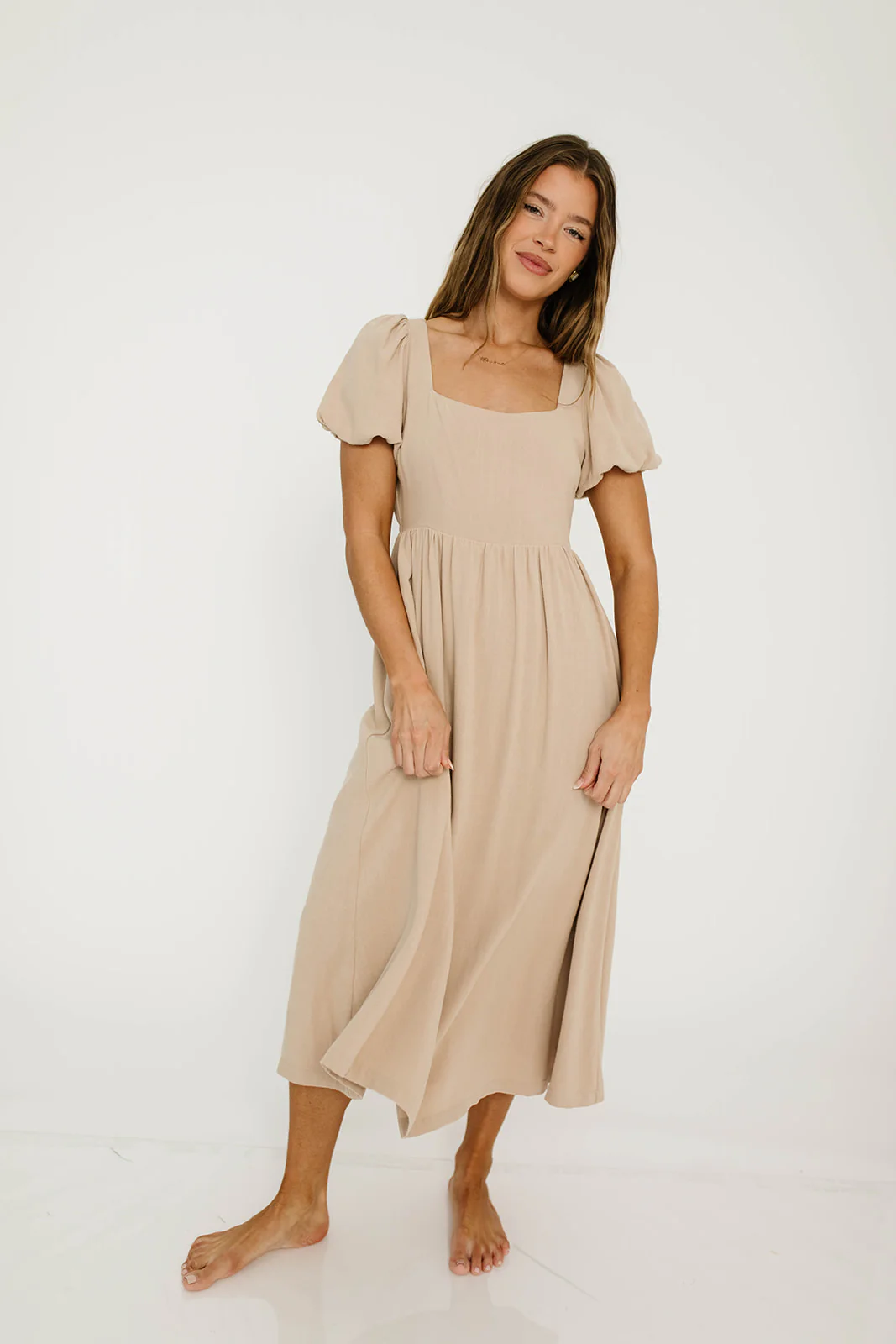 Ainsley Square Neck Midi Dress with Puffed Sleeves in Oat - Bump Friendly - Image 8