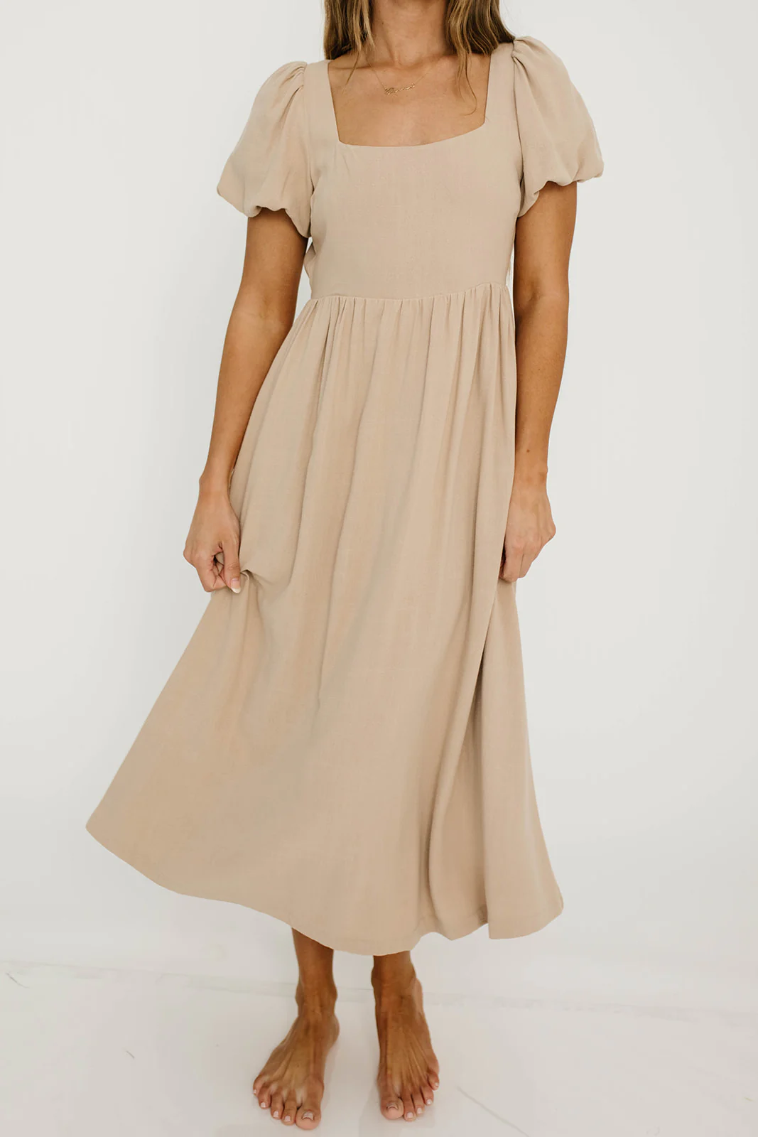 Ainsley Square Neck Midi Dress with Puffed Sleeves in Oat - Bump Friendly - Image 9