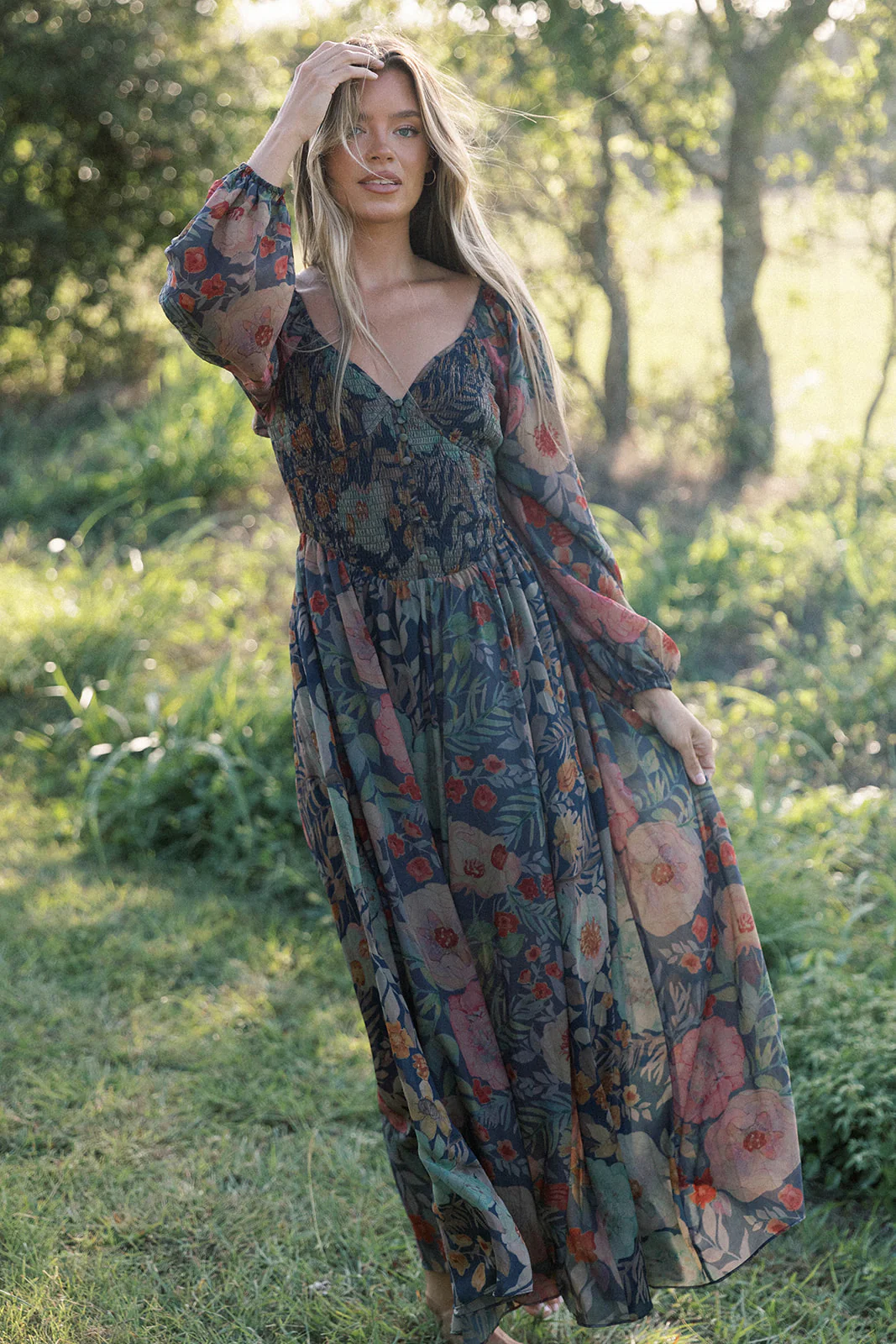 Steph Smocked Button-Front Maxi Dress in Midnight Floral *Final Sale* - Image 7