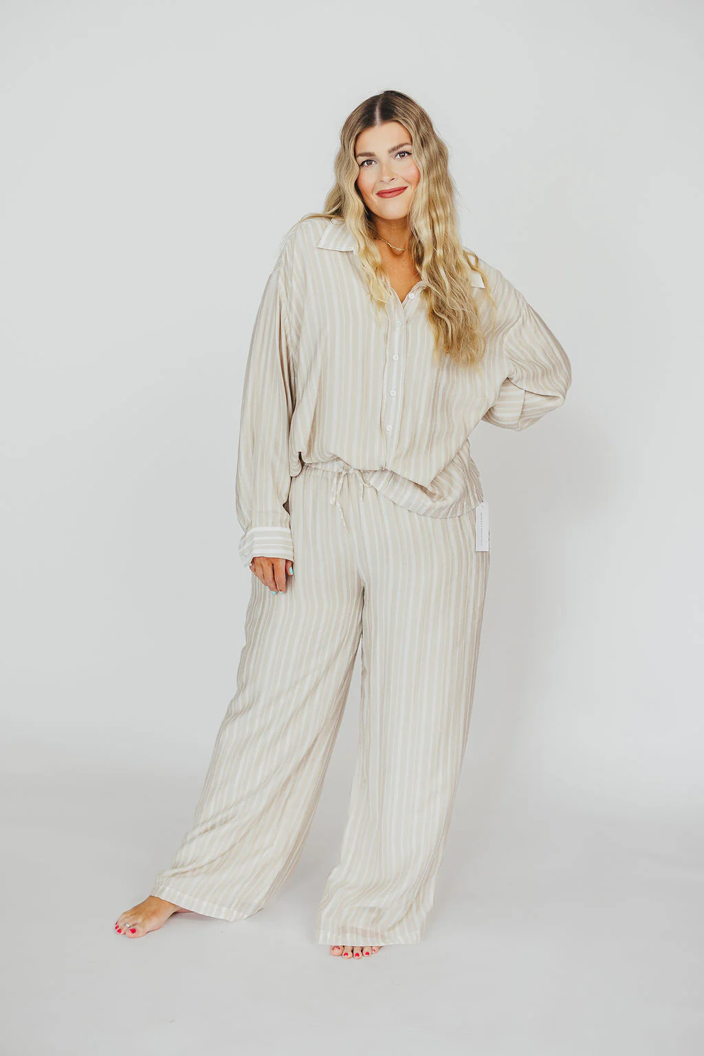Sloane Striped Button-Down Shirt and Pants Set in Natural - Nursing Friendly - Image 10