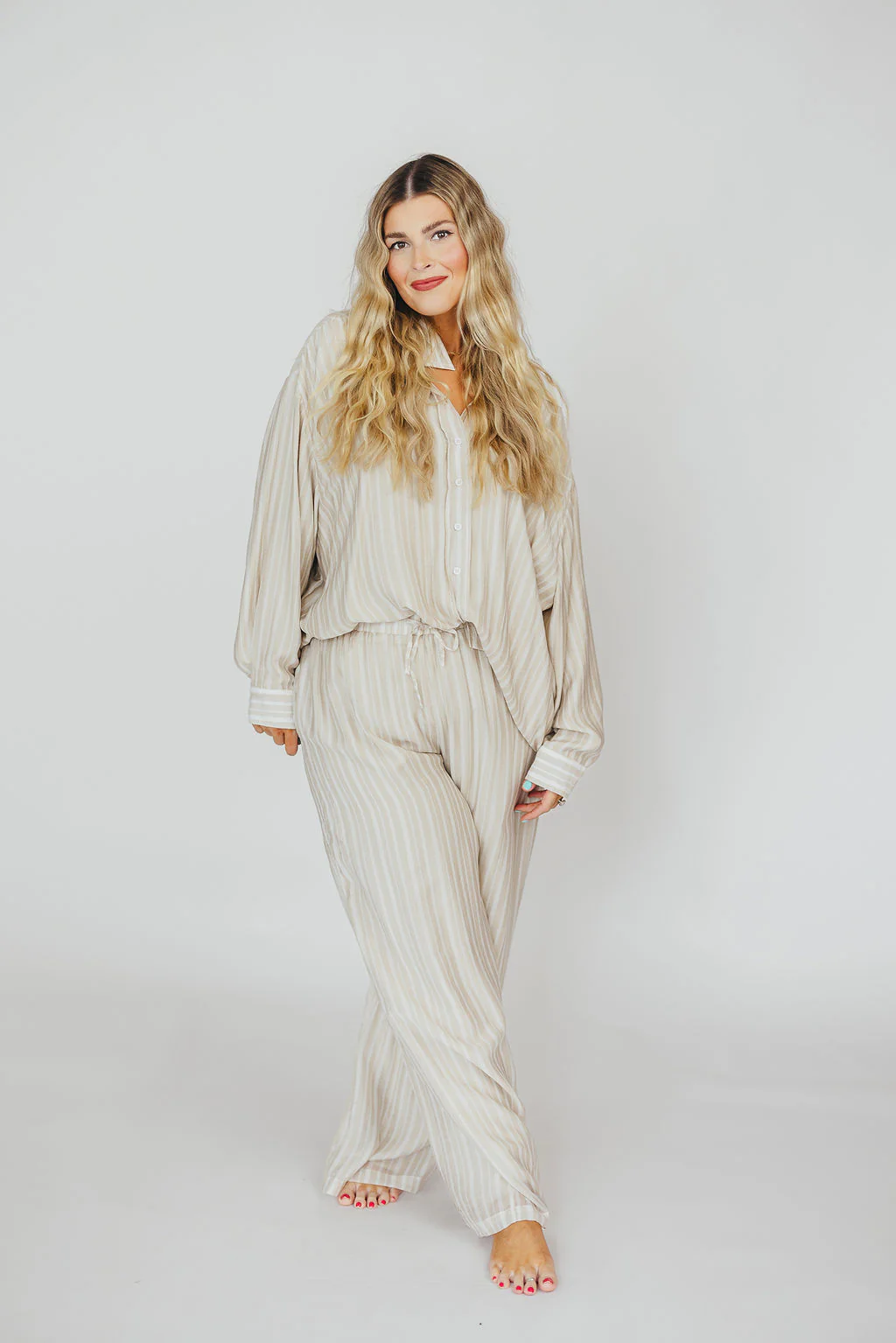 Sloane Striped Button-Down Shirt and Pants Set in Natural - Nursing Friendly - Image 11