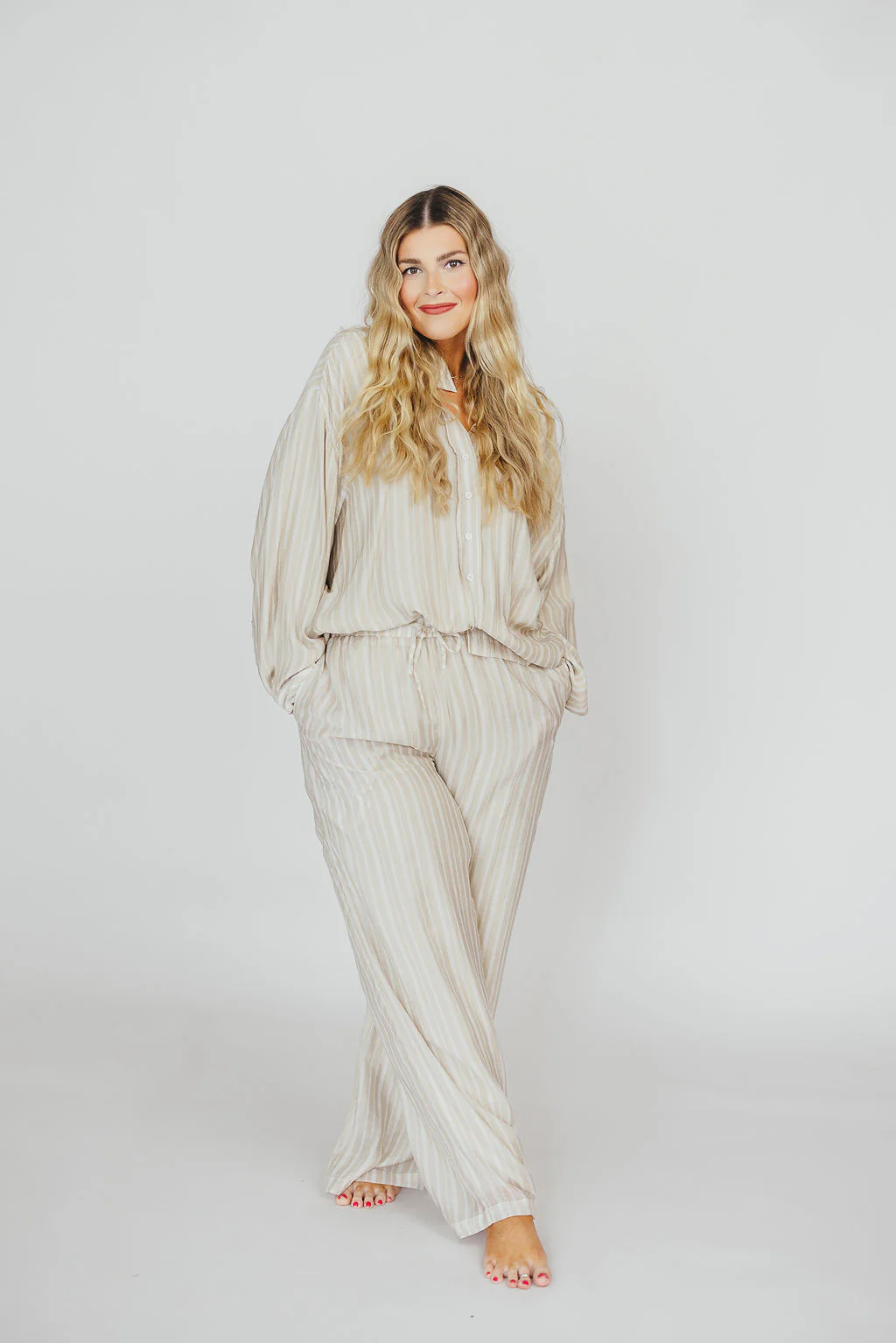 Sloane Striped Button-Down Shirt and Pants Set in Natural - Nursing Friendly - Image 12