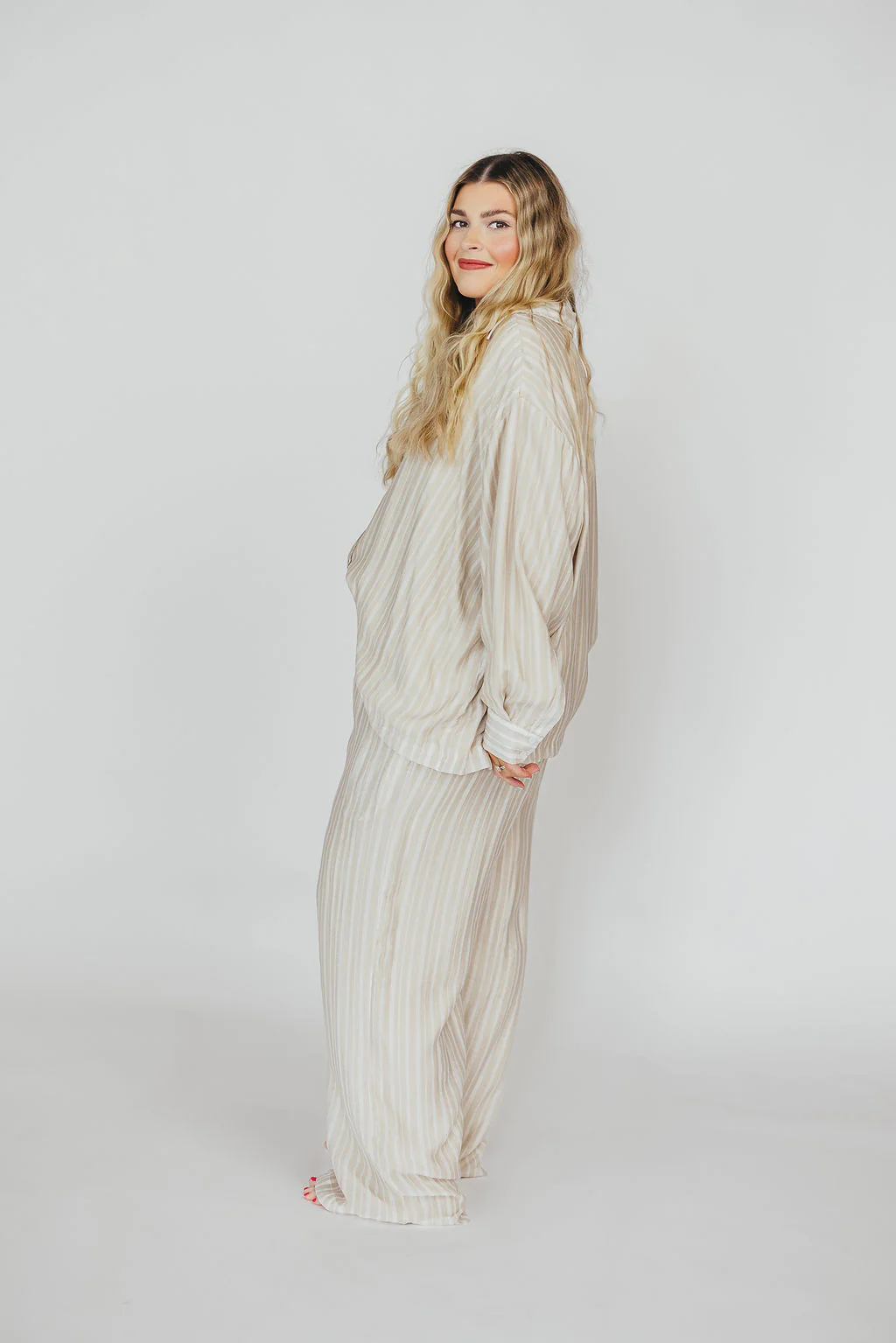 Sloane Striped Button-Down Shirt and Pants Set in Natural - Nursing Friendly - Image 13