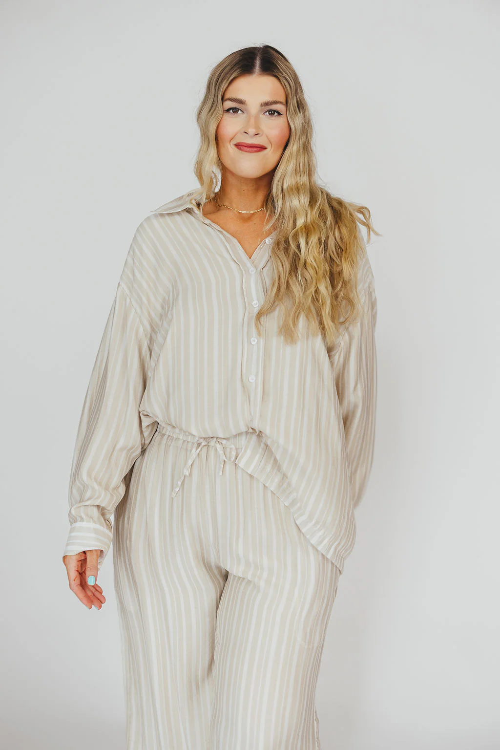 Sloane Striped Button-Down Shirt and Pants Set in Natural - Nursing Friendly - Image 16