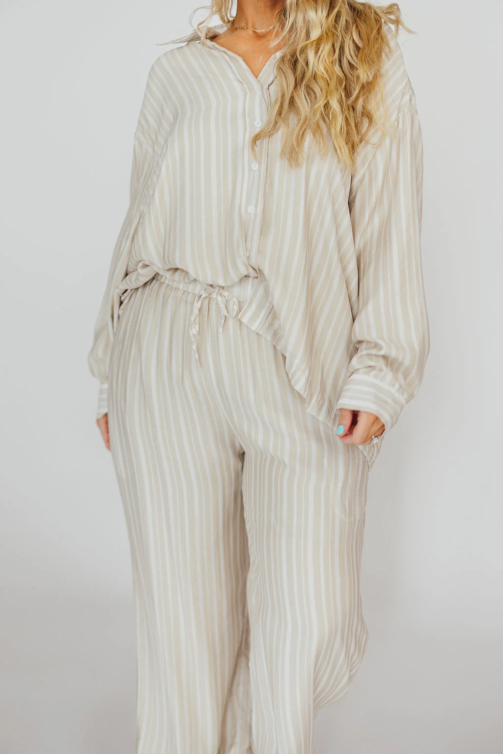 Sloane Striped Button-Down Shirt and Pants Set in Natural - Nursing Friendly - Image 17