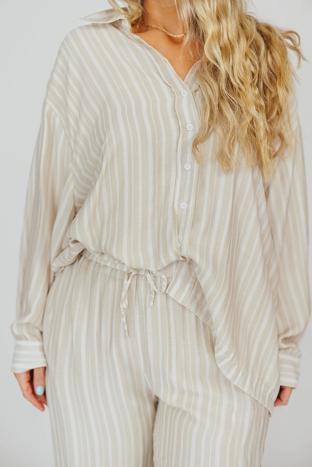 Sloane Striped Button-Down Shirt and Pants Set in Natural - Nursing Friendly - Image 18
