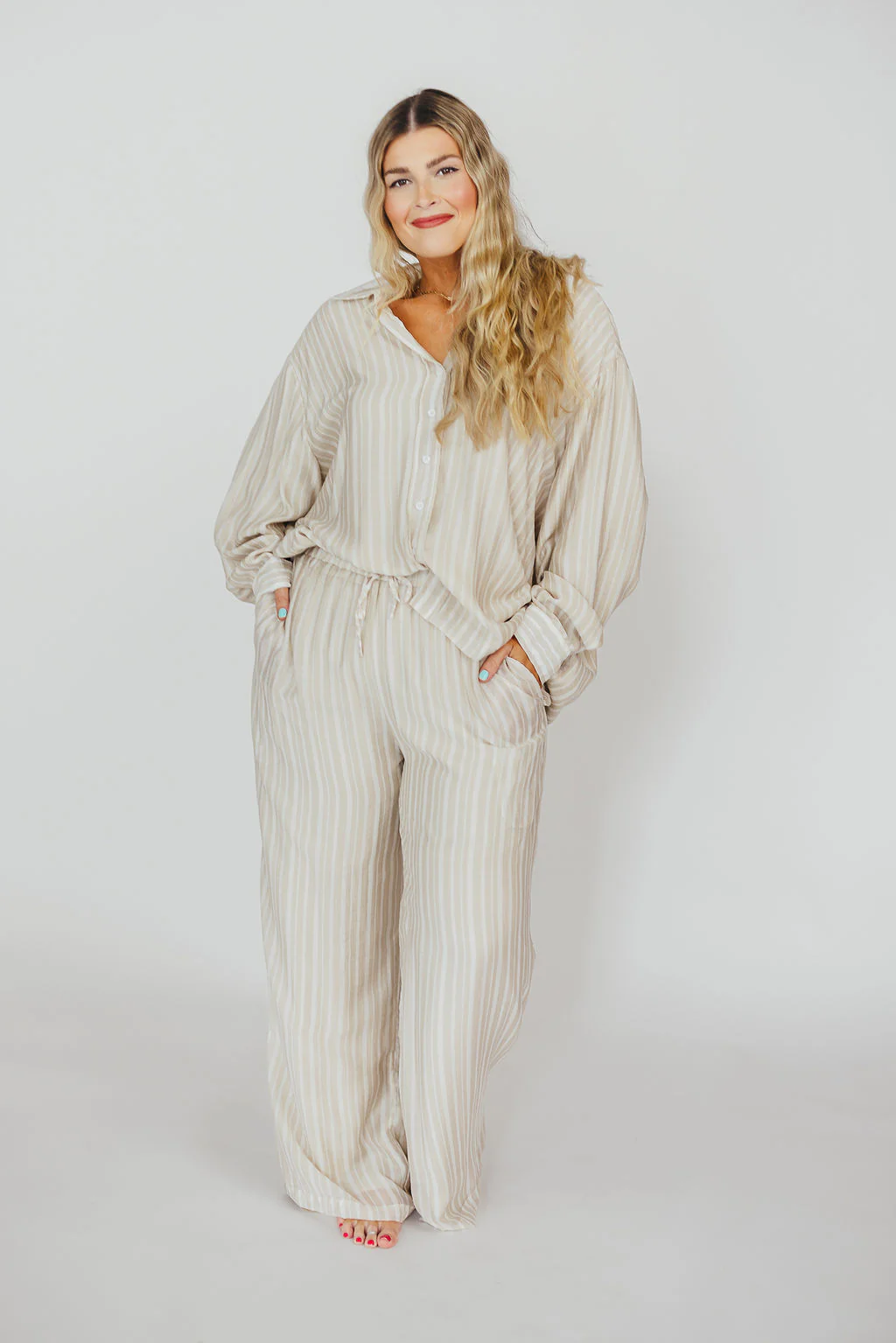 Sloane Striped Button-Down Shirt and Pants Set in Natural - Nursing Friendly - Image 19