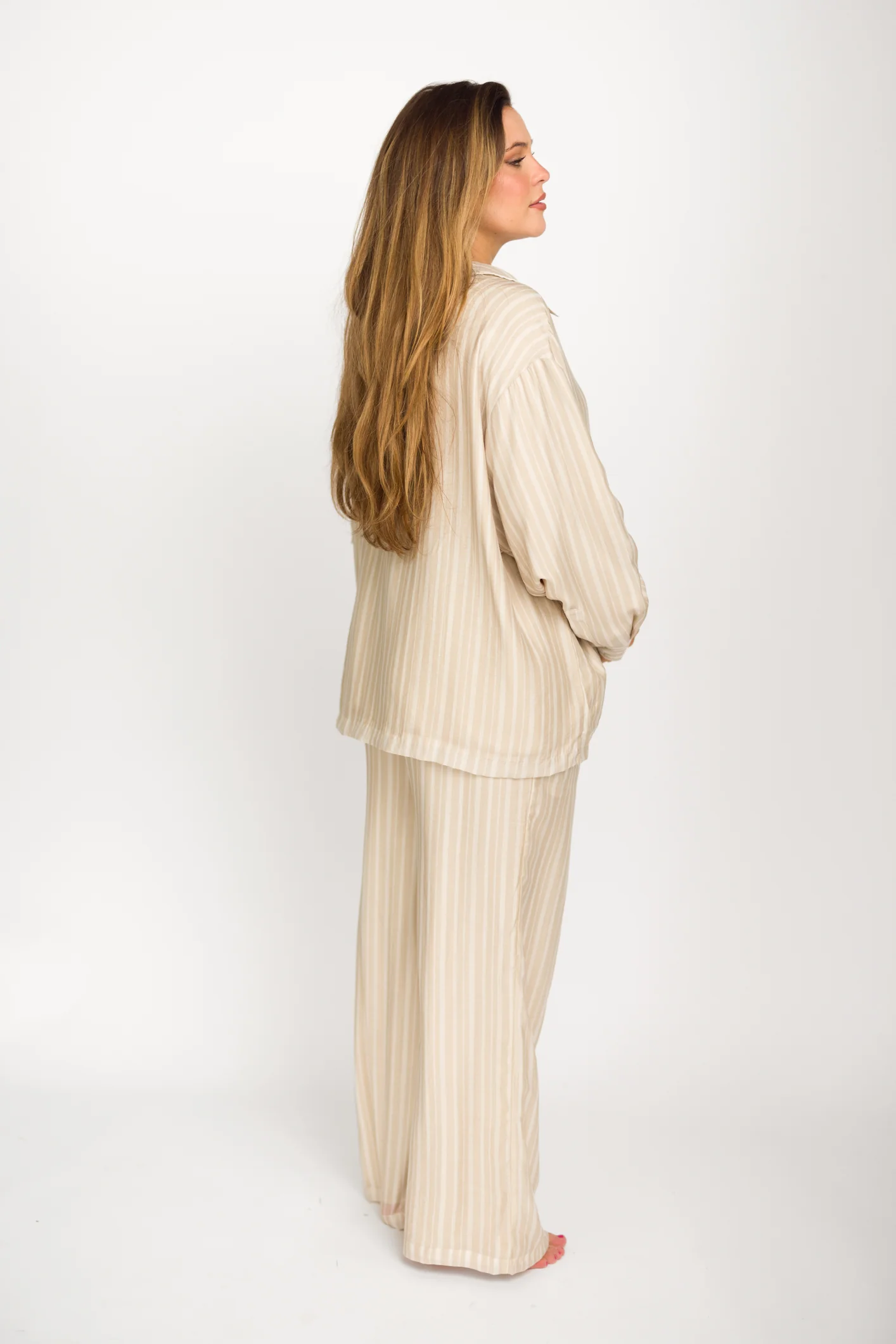 Sloane Striped Button-Down Shirt and Pants Set in Natural - Nursing Friendly - Image 23