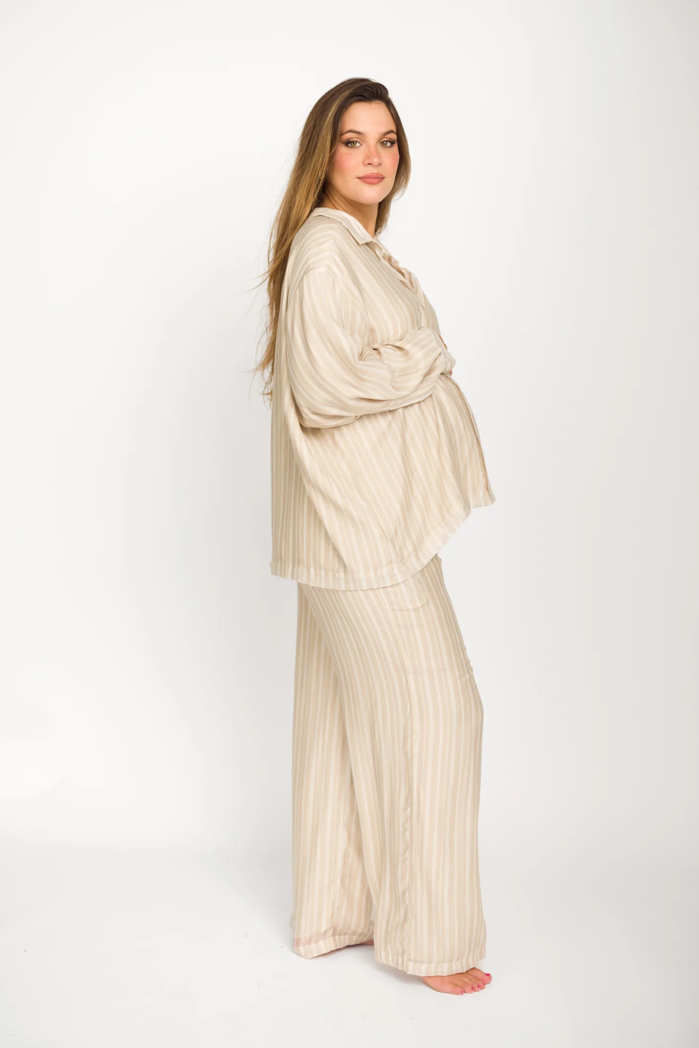 Sloane Striped Button-Down Shirt and Pants Set in Natural - Nursing Friendly - Image 24