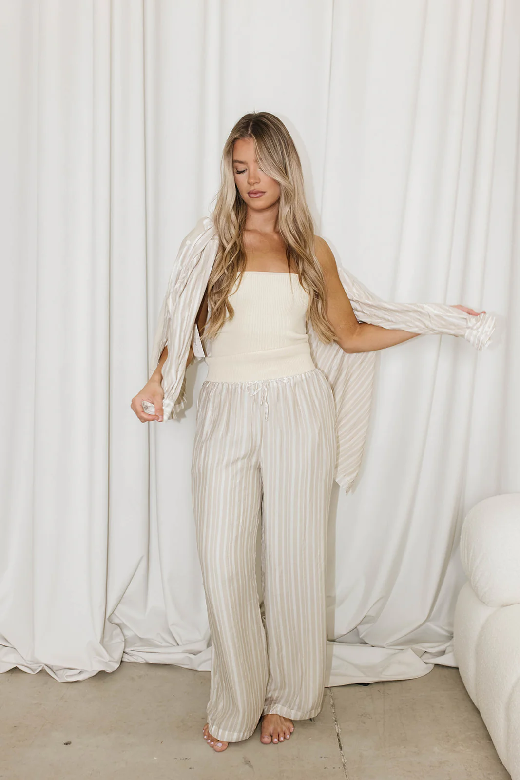 Sloane Striped Button-Down Shirt and Pants Set in Natural - Nursing Friendly - Image 3
