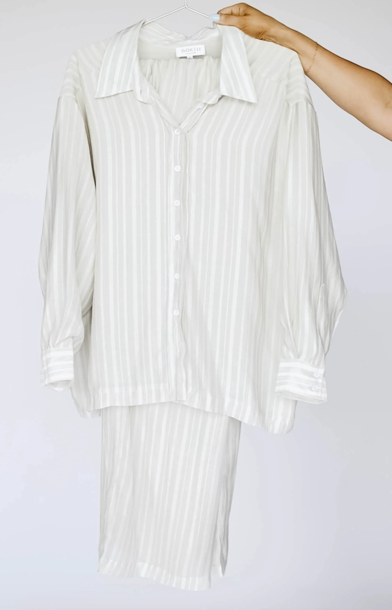Sloane Striped Button-Down Shirt and Pants Set in Natural - Nursing Friendly - Image 32