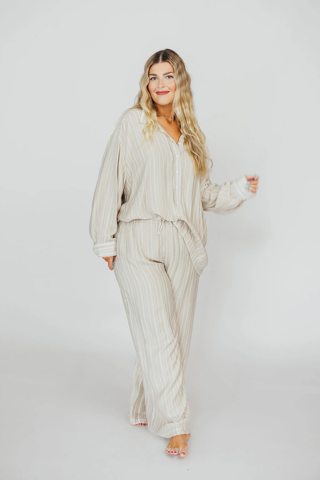 Sloane Striped Button-Down Shirt and Pants Set in Natural - Nursing Friendly - Image 8