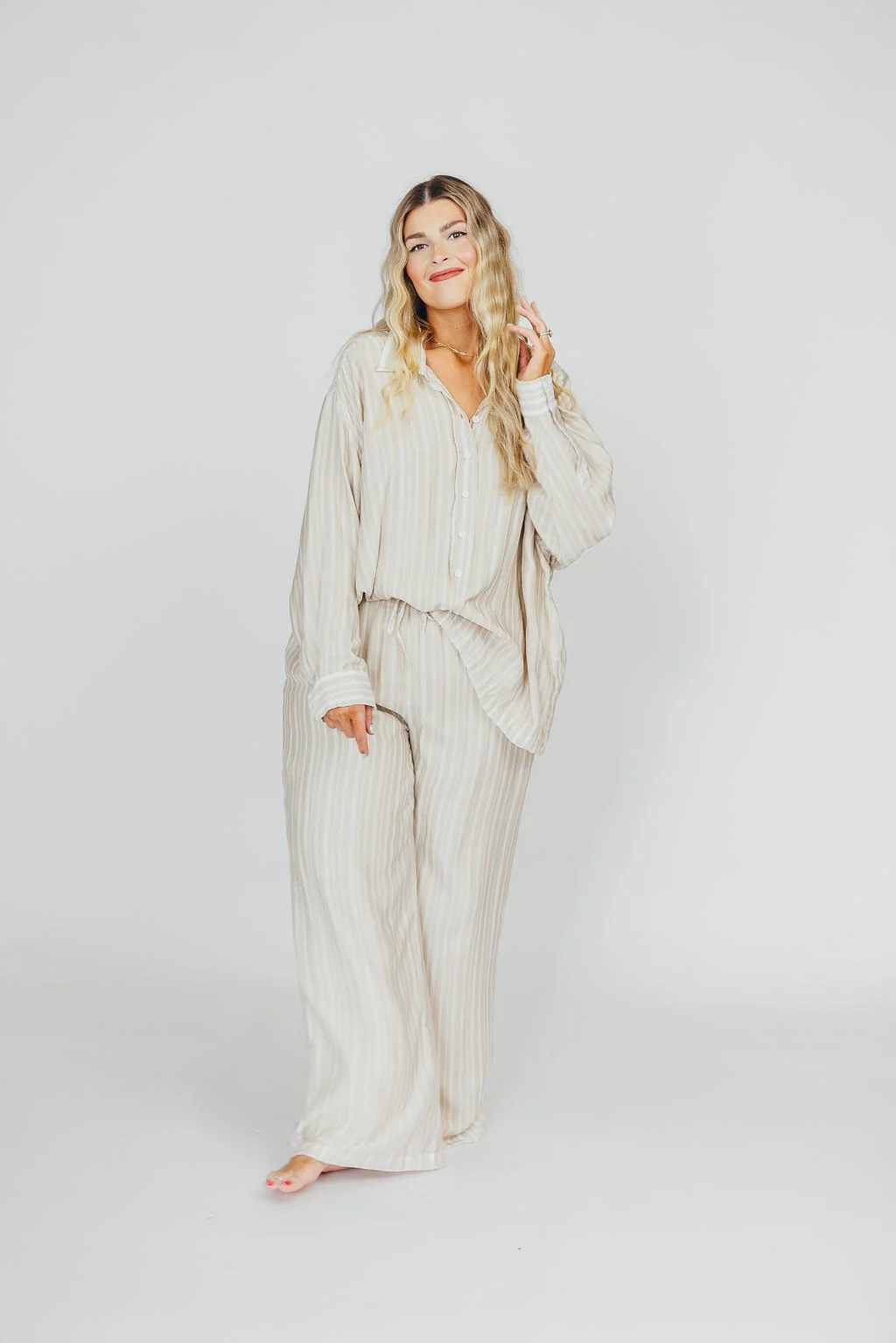 Sloane Striped Button-Down Shirt and Pants Set in Natural - Nursing Friendly - Image 9