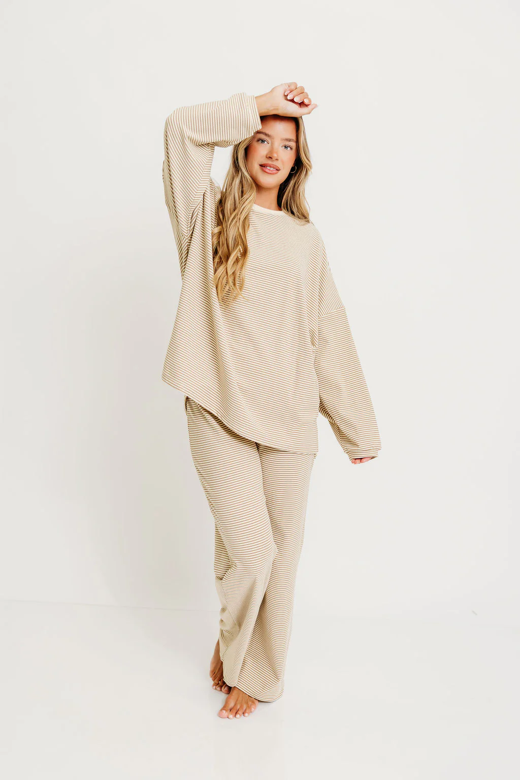 Campbell Striped Fleece Lounge Pants in Beige - Image 10