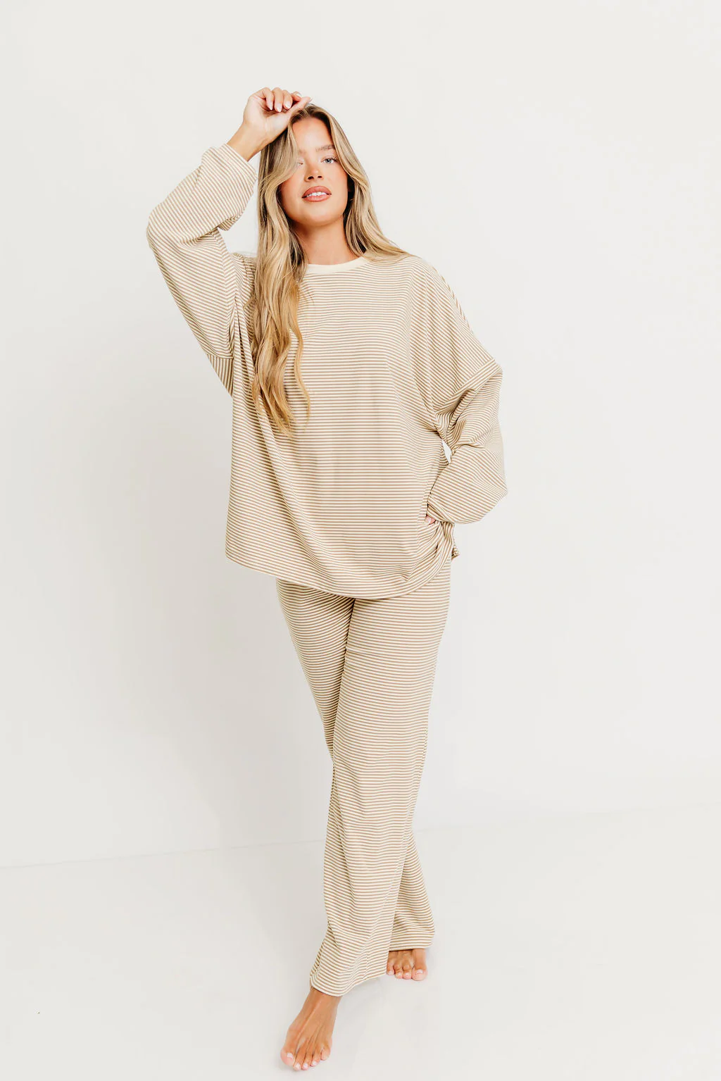 Campbell Striped Fleece Lounge Pants in Beige - Image 11