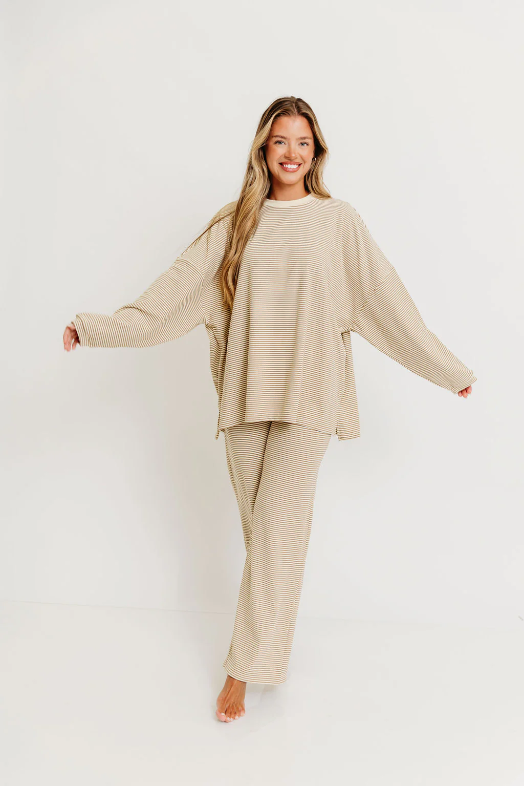 Campbell Striped Fleece Lounge Pants in Beige - Image 2