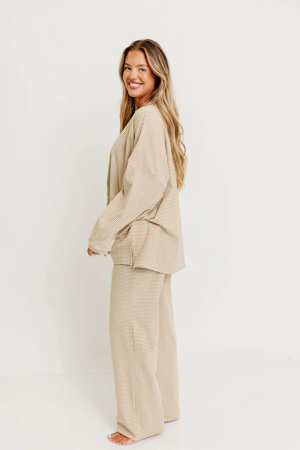 Campbell Striped Fleece Lounge Pants in Beige - Image 7
