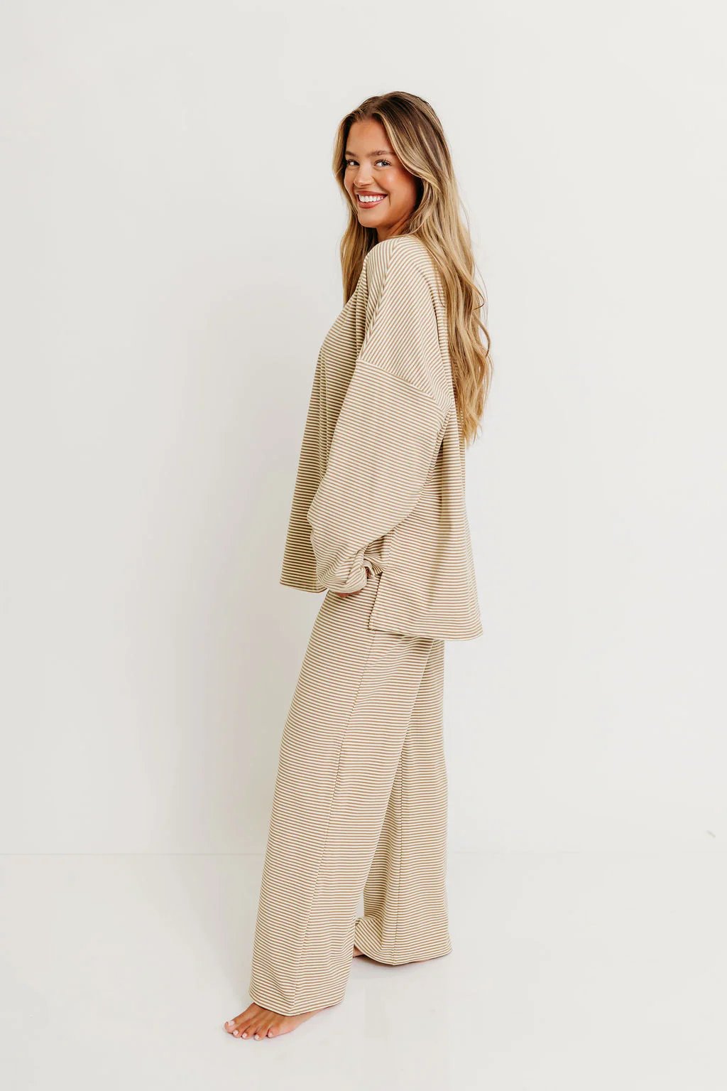Campbell Striped Fleece Lounge Pants in Beige - Image 8
