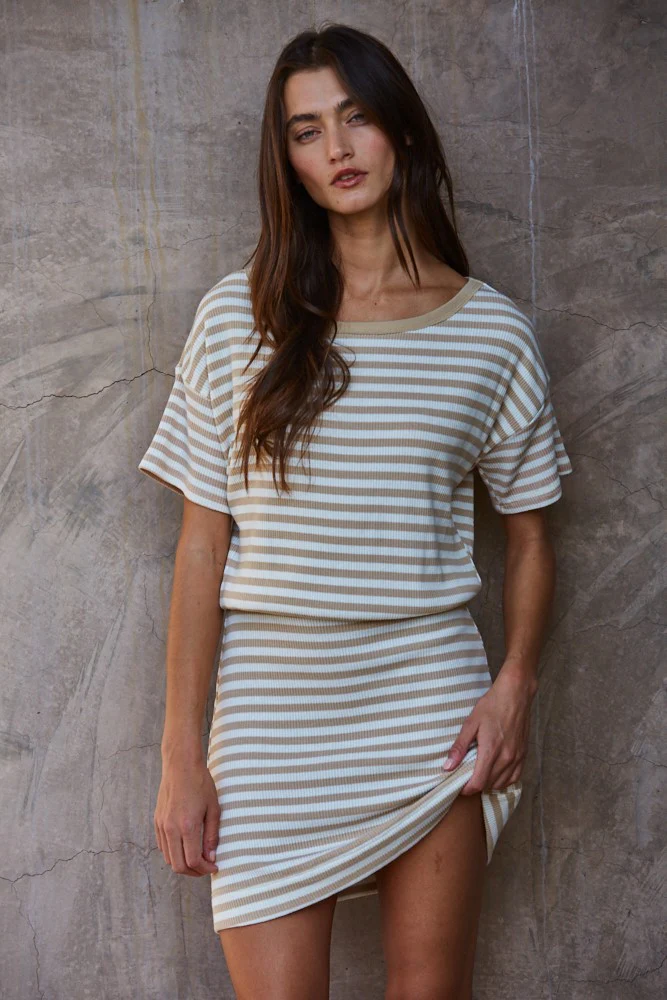 Liora Striped Mini Dress in Taupe/White