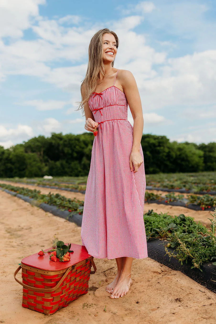 Sweet Escape Picnic Bow Midi Dress in Red