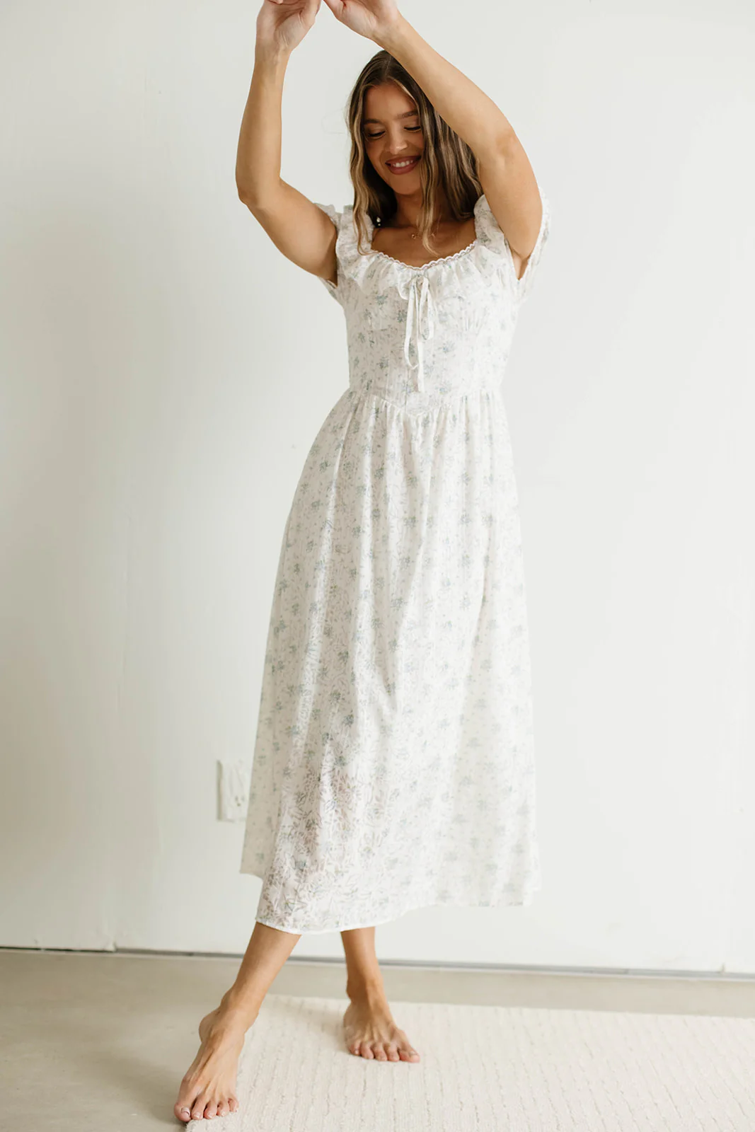 Maggie Sweet Lace Edged Prairie Dress in Blue Floral