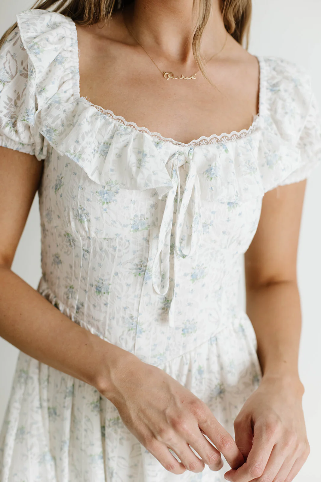 Maggie Sweet Lace Edged Prairie Dress in Blue Floral - Image 2