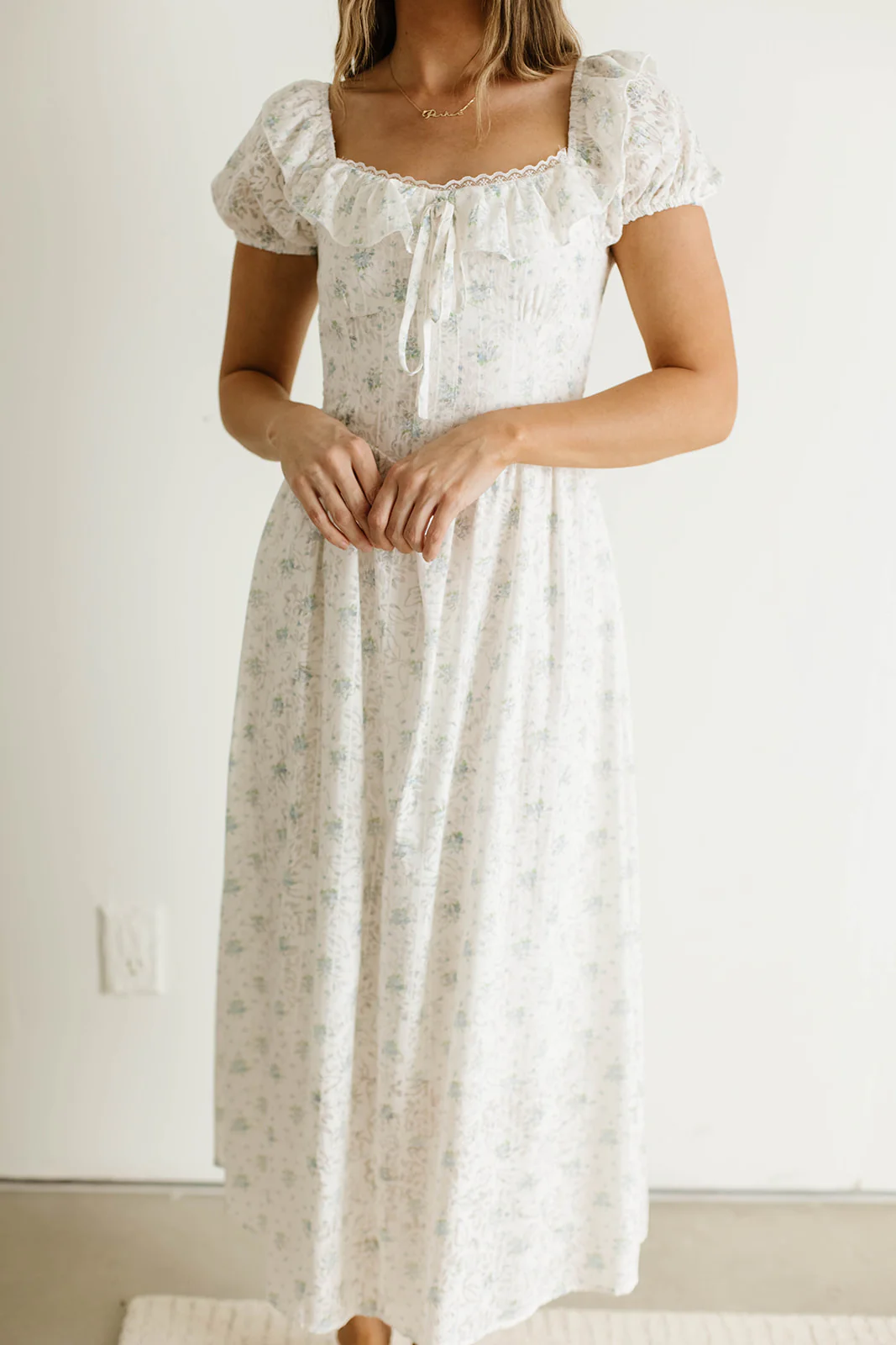 Maggie Sweet Lace Edged Prairie Dress in Blue Floral - Image 3