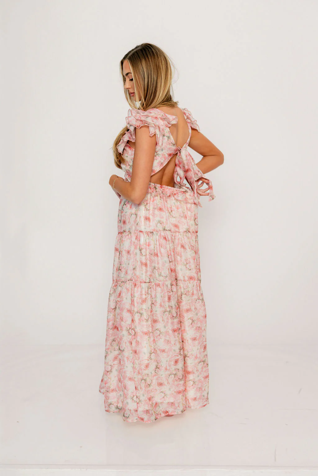 Rhoswen Floral Ruffle Maxi Dress in Sea Pink - Image 7