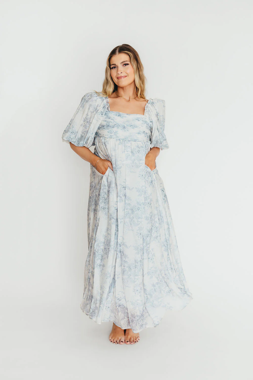 Melody Maxi Dress with Pleats and Bow Detail in Blue Floral - Bump Friendly & Inclusive Sizing (S-3XL) - Image 4