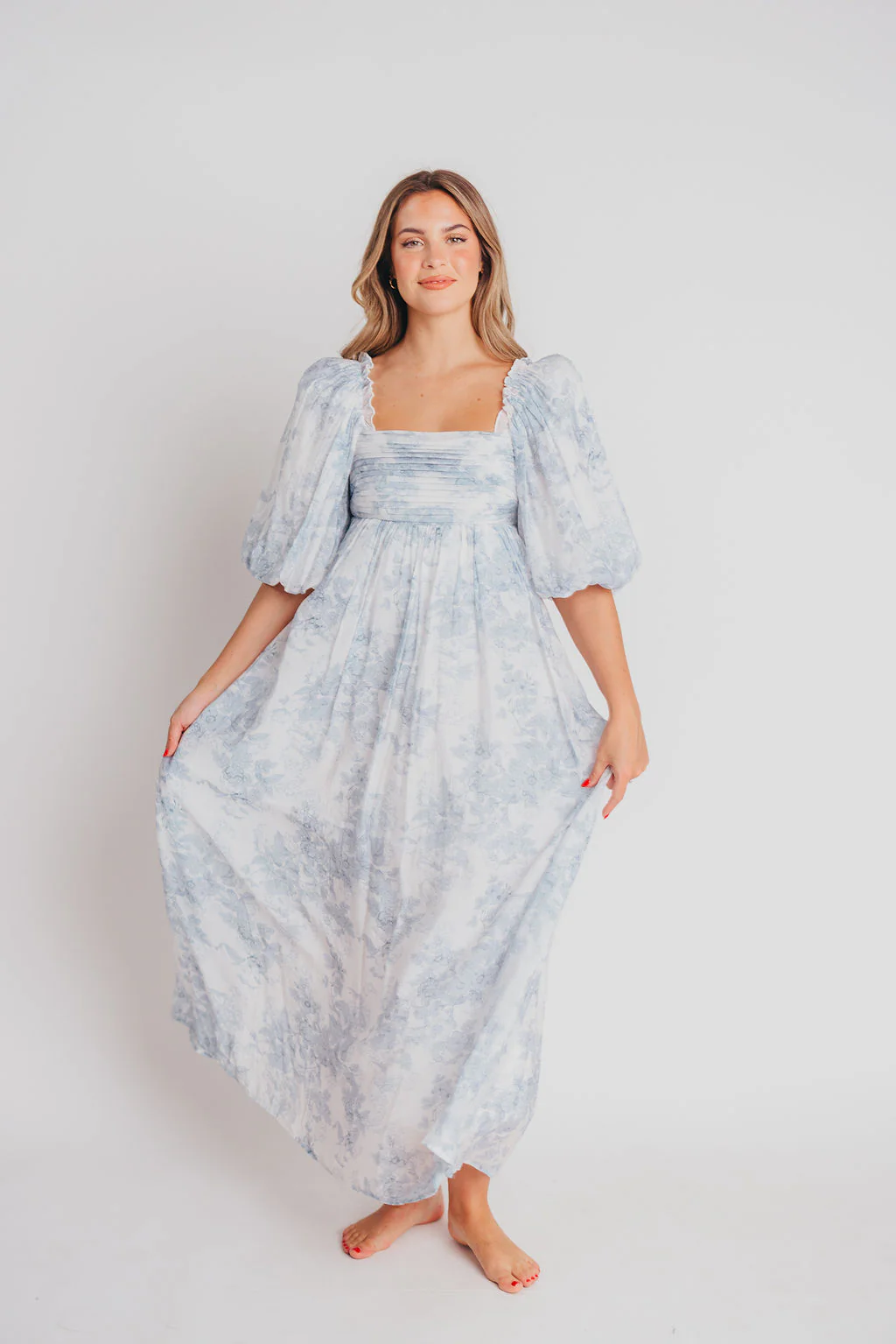 Melody Maxi Dress with Pleats and Bow Detail in Blue Floral - Bump Friendly & Inclusive Sizing (S-3XL) - Image 7