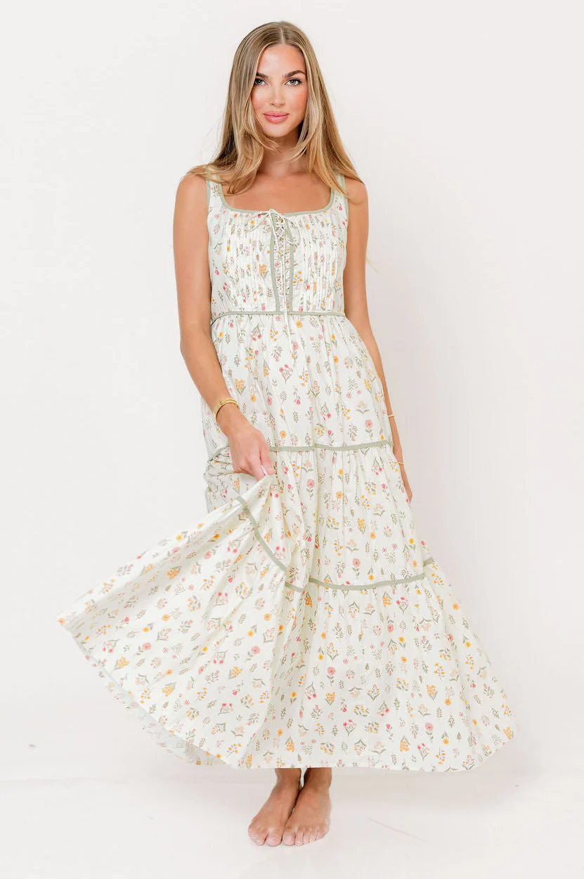 Ivy 100% Cotton Floral Lace-Up Maxi Dress in Poppy
