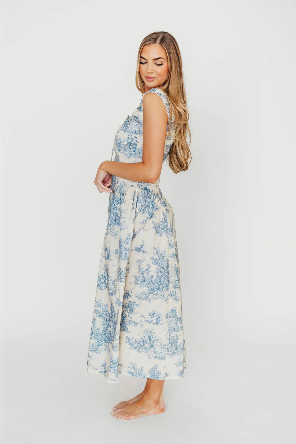 Skyla 100% Cotton Toile Midi Dress with Tie in Blue - Image 3