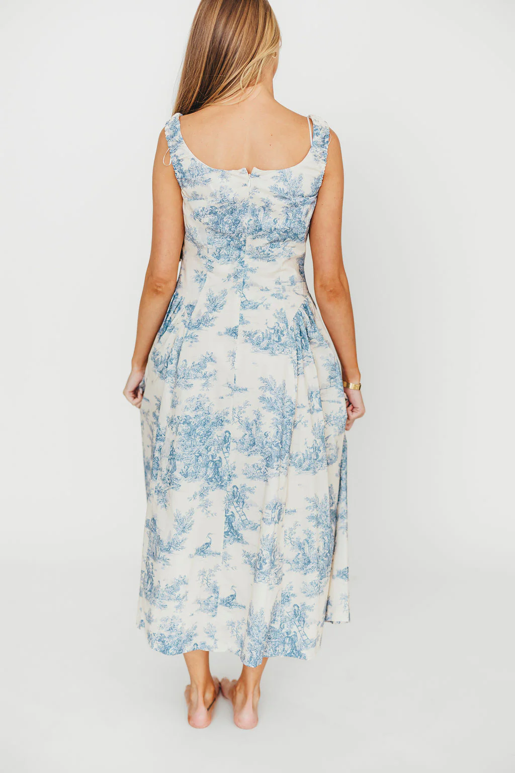 Skyla 100% Cotton Toile Midi Dress with Tie in Blue - Image 4