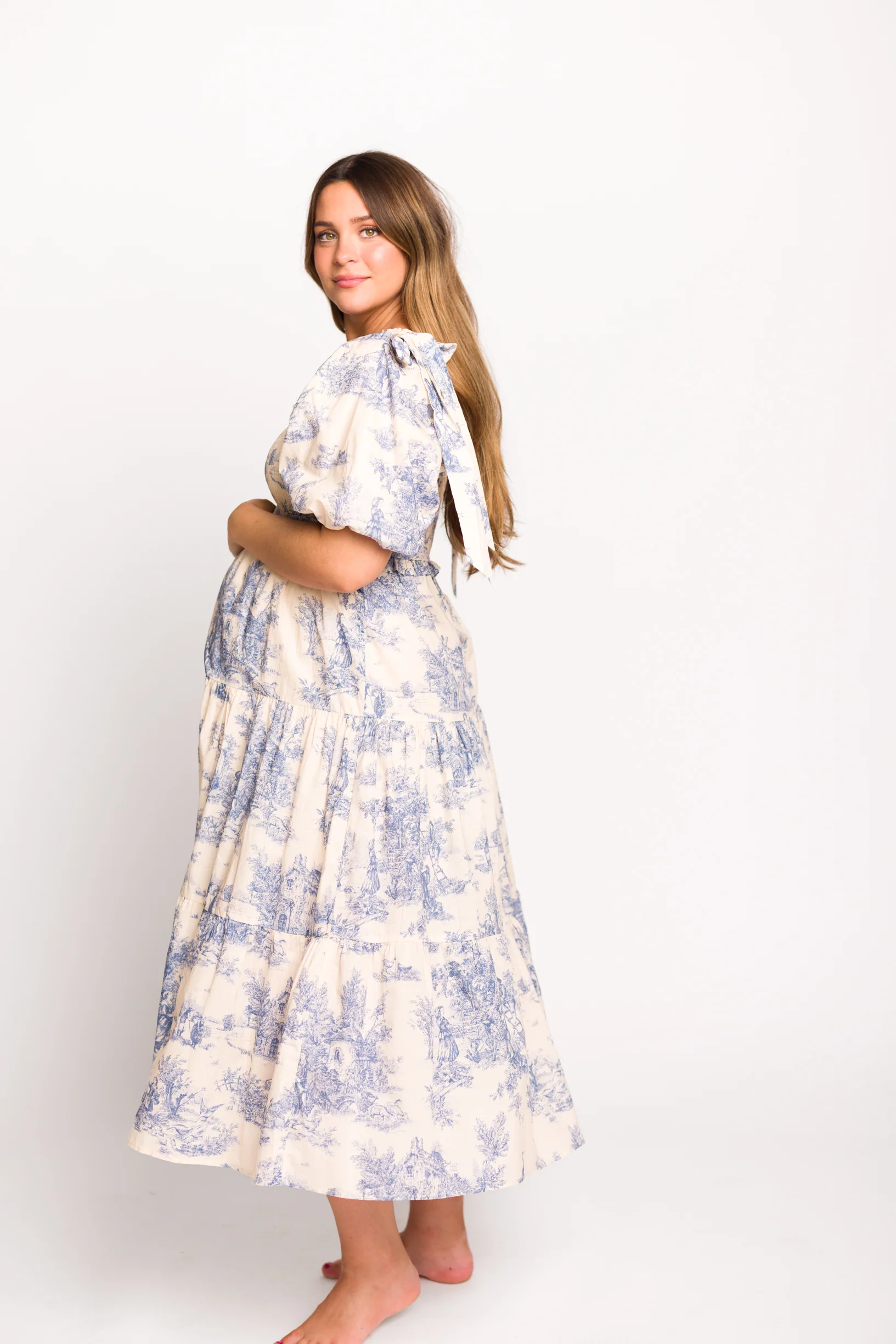 Elena 100% Cotton Toile Print Smocked Midi Dress in Blue - Bump Friendly - Image 11