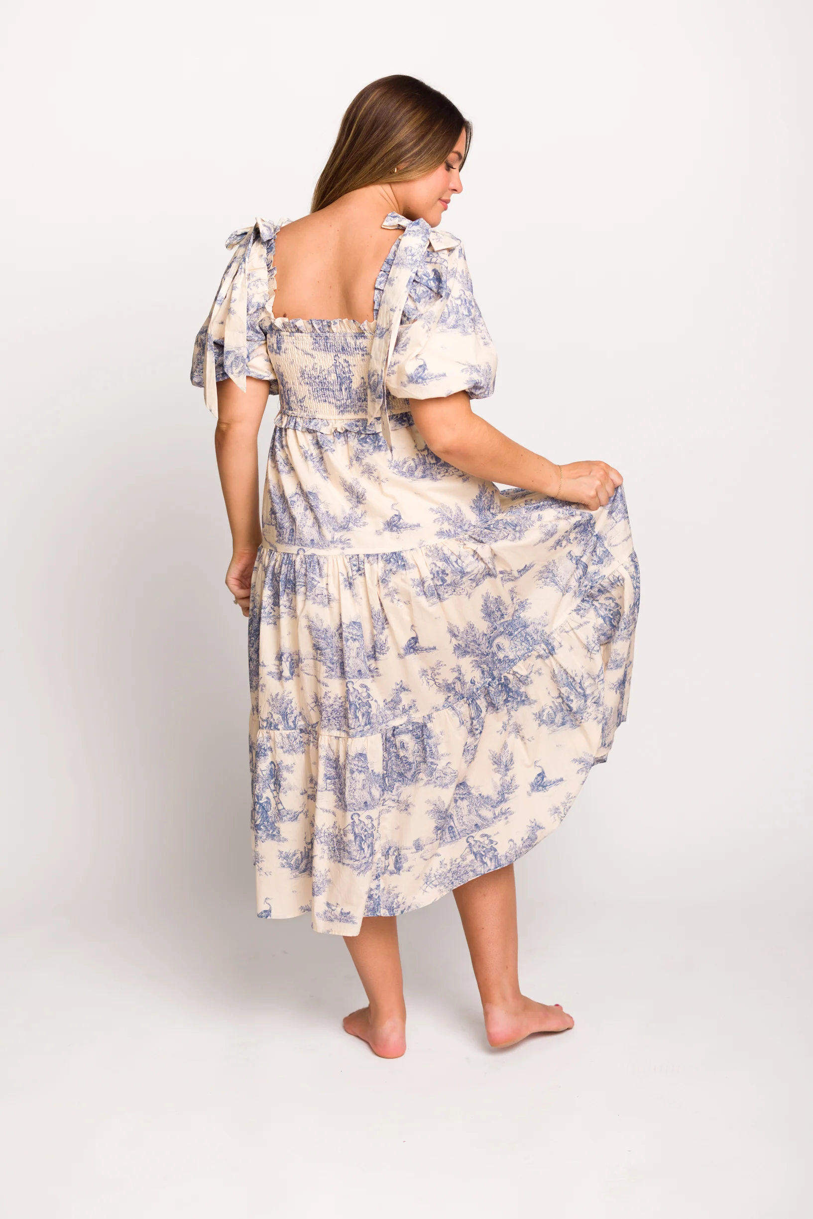 Elena 100% Cotton Toile Print Smocked Midi Dress in Blue - Bump Friendly - Image 12