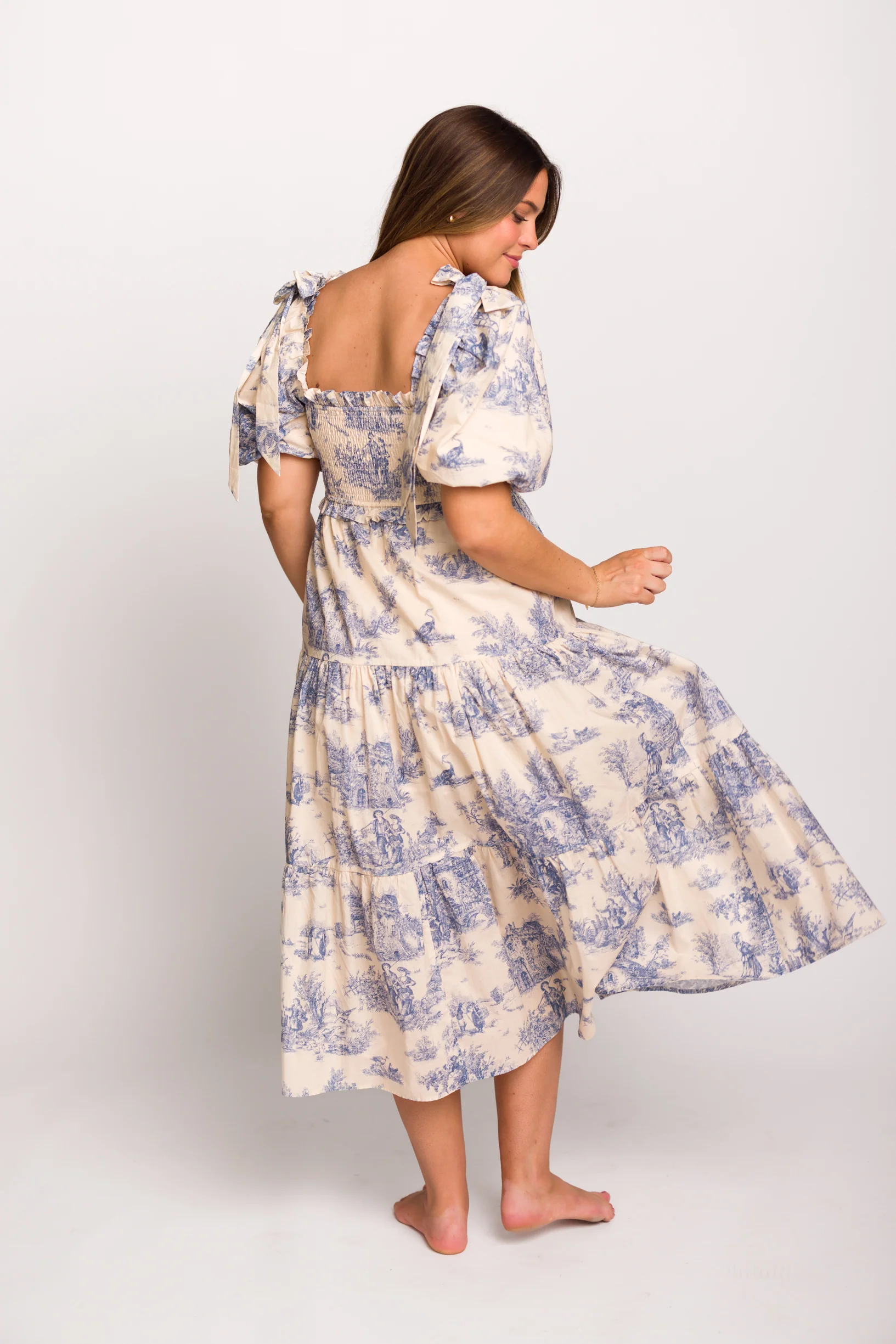 Elena 100% Cotton Toile Print Smocked Midi Dress in Blue - Bump Friendly - Image 13