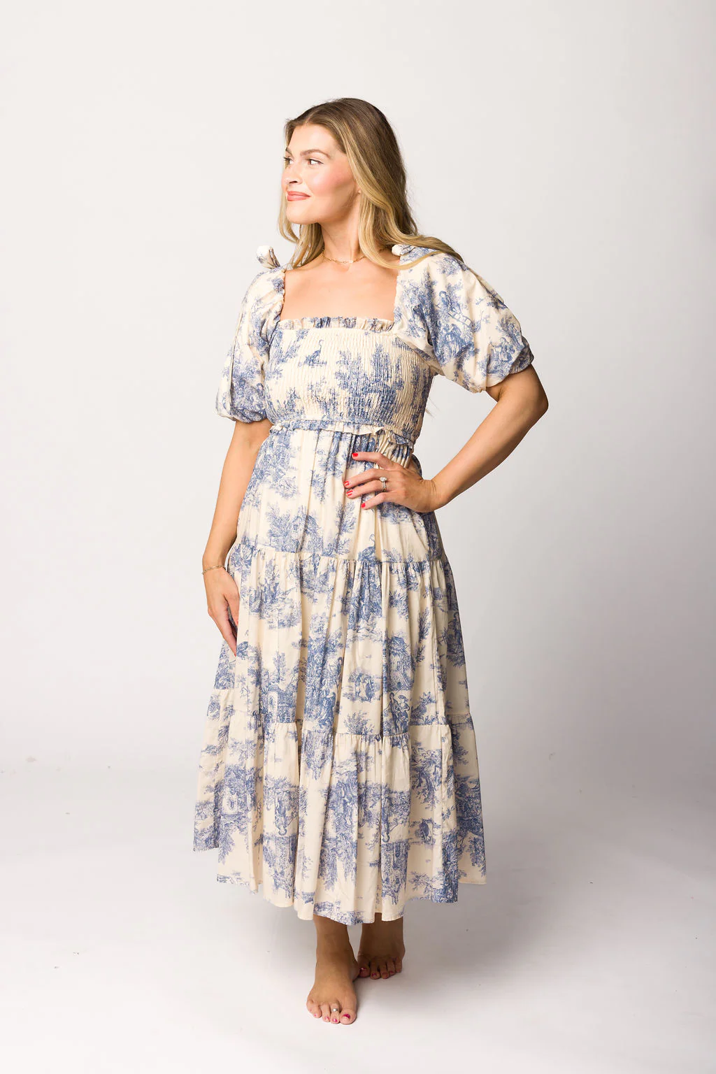 Elena 100% Cotton Toile Print Smocked Midi Dress in Blue - Bump Friendly - Image 16