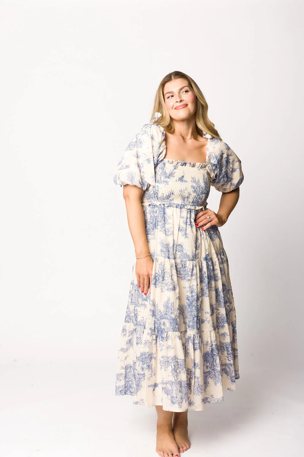 Elena 100% Cotton Toile Print Smocked Midi Dress in Blue - Bump Friendly - Image 17