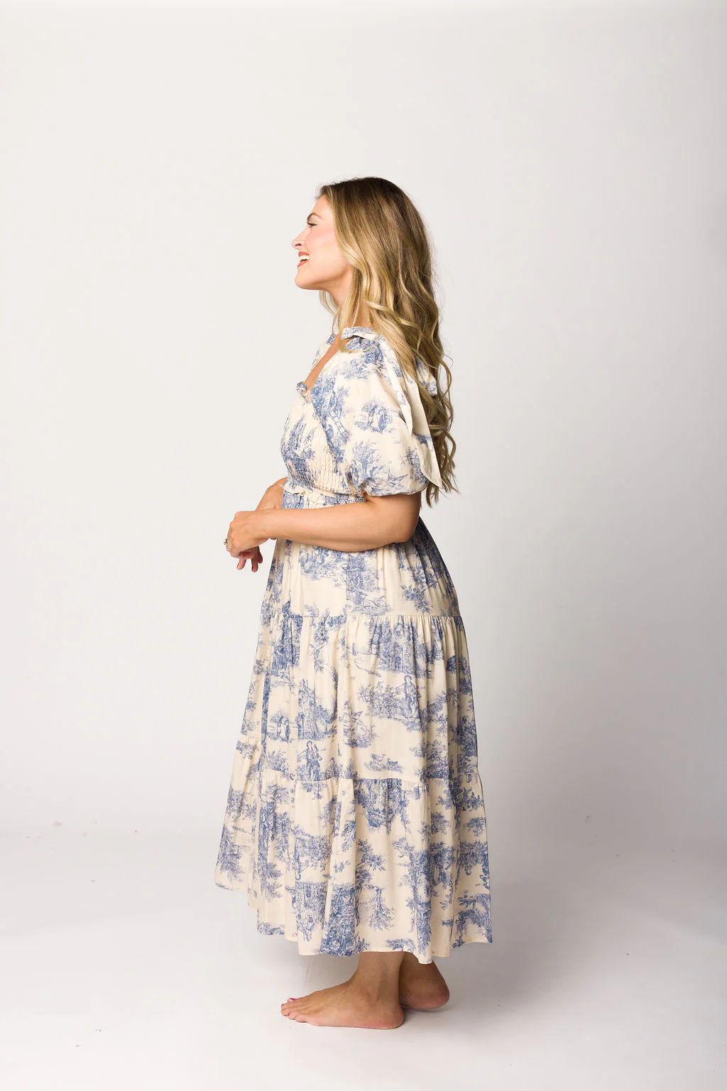 Elena 100% Cotton Toile Print Smocked Midi Dress in Blue - Bump Friendly - Image 18