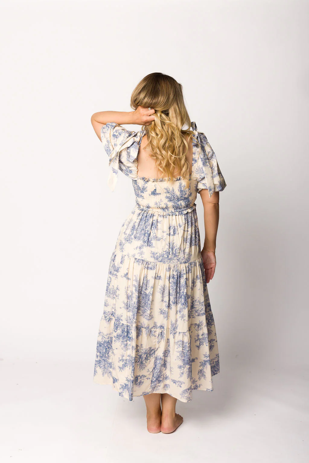 Elena 100% Cotton Toile Print Smocked Midi Dress in Blue - Bump Friendly - Image 19