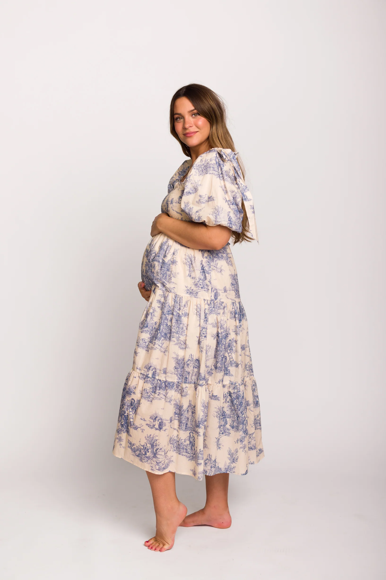 Elena 100% Cotton Toile Print Smocked Midi Dress in Blue - Bump Friendly - Image 2
